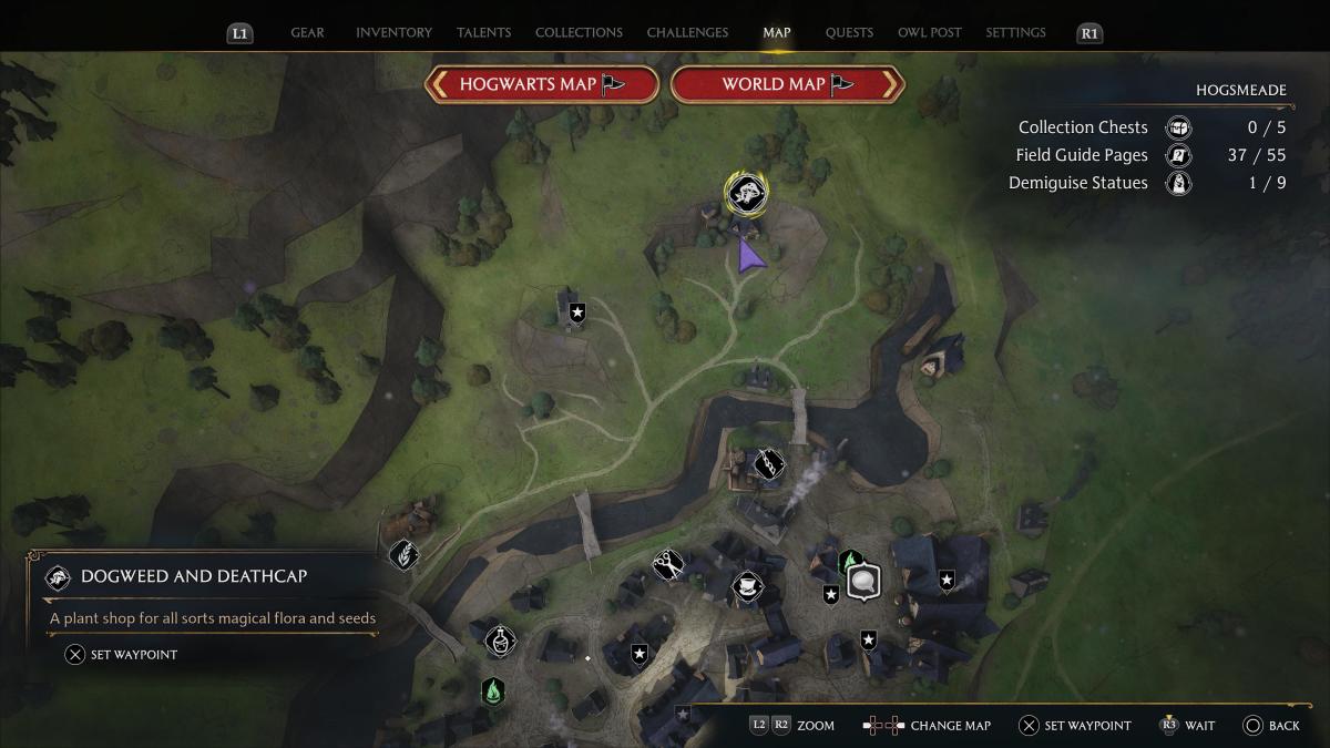 The map location for Dogweed and Deathcap in Hogwarts Legacy. 